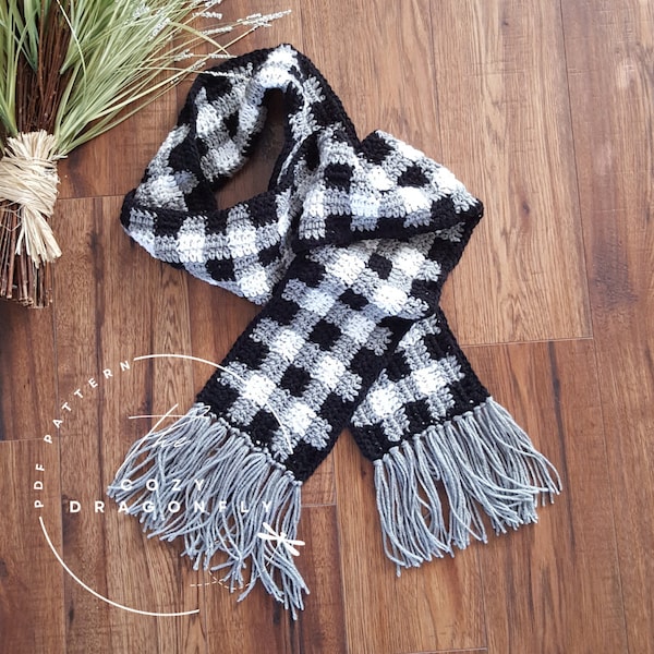 CROCHET PATTERN Plaid Scarf, Crochet Scarf Pattern, Crochet Plaid, Crochet Buffalo Plaid, Fringe Scarf, PDF Download