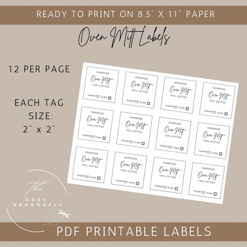 Op de afbeelding: Printbare PDF-labels voor ovenwanten, met de tekst "Oven Mitt Labels". Elk label is 5,08 cm x 5,08 cm groot en er staat "HANDMADE 100% COTTON" op. De pagina is ontworpen om te printen op A4-papier.