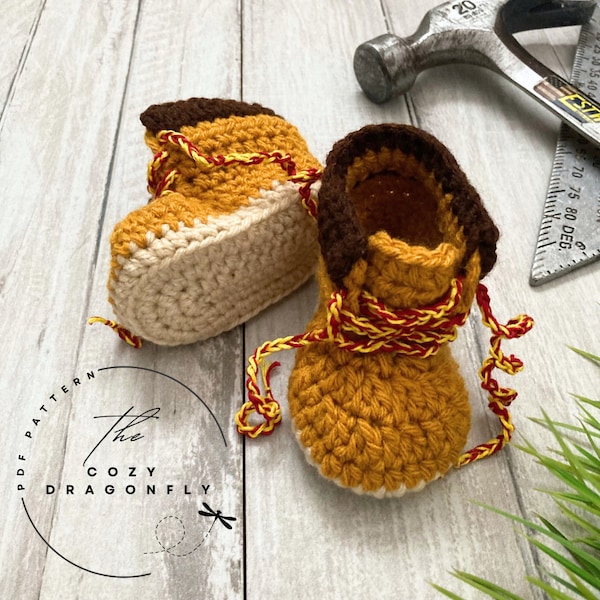 CROCHET PATTERN Baby Work Boots, Pattern Sizes 0-9 Months, Baby Shower Gift, Baby Photo Prop, Baby Construction Boots, PDF Download