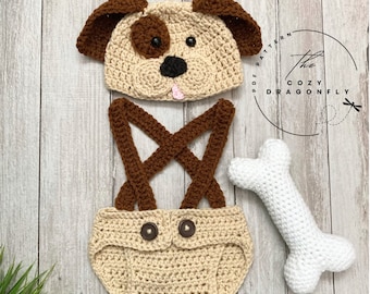 CROCHET PATTERN Baby Puppy Outfit, Baby Dog, Pattern Sizes 0-12 Months, Baby Shower, Crochet Baby Photo Prop, Bone Rattle, PDF Download