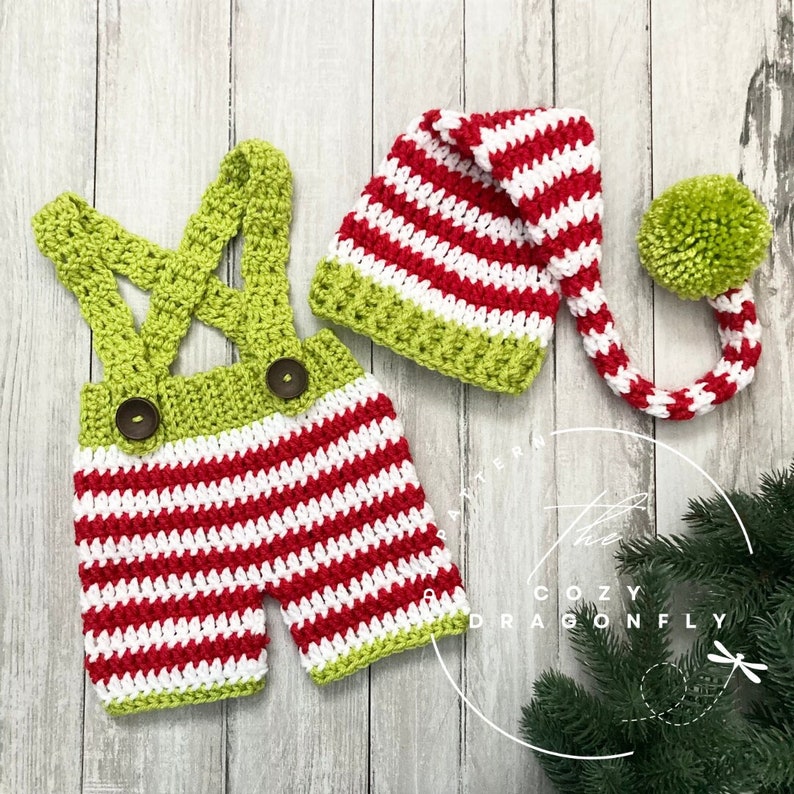 CROCHET PATTERN Baby Elf Outfit, Crochet Baby Christmas, Baby Photo Prop, Crochet Elf, Sizes 0-12 months, PDF Download image 1