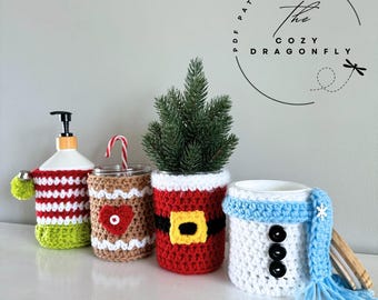 CROCHET PATTERN Christmas Jar Cozy Set, 4in1 Bundle, Mason Jar Cover, Candle Cozy, Soap Cozy, Santa, Elf, Snowman, Gingerbread, PDF Download