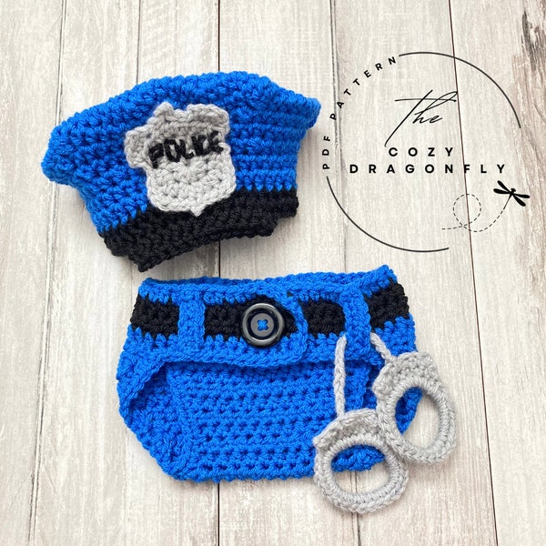 CROCHET PATTERN Baby Police Outfit, 0-12 Months, Photo Prop, Baby Diaper Cover, Baby Cop, Police Hat, Shower Gift, Policeman, PDF Download