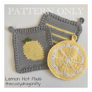 May include: Three crocheted lemon-themed hot pads. One is a gray square with a yellow lemon, another is a gray square with yellow stripes, and the third is a round yellow lemon slice.