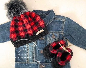 CROCHET PATTERN Baby Plaid Set, Baby Lumberjack, Crochet Baby Plaid Pattern, Plaid Beanie, Crochet Buffalo Plaid, Baby Booties, PDF Download