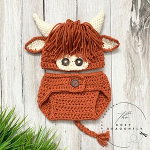 May include: Crocheted baby outfit in the shape of a Highland cow. The outfit includes a hat with ears and a diaper cover with a tail. The outfit is brown with white accents.