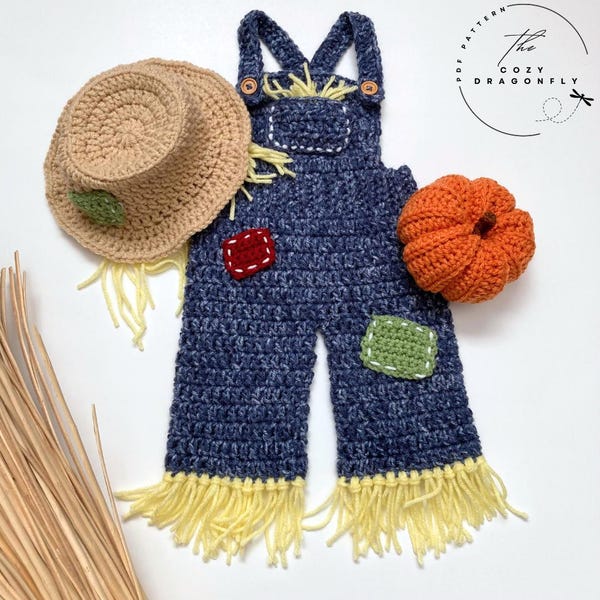 PADRÃO DE CROCHÊ Traje de espantalho para bebê, macacão para bebê, acessório para foto, fantasia de Halloween, recém-nascido a 12 meses, download em PDF