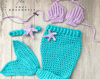 CROCHET PATTERN Baby Mermaid Outfit, Crochet Mermaid Tail, Baby Photo Prop, Mermaid Costume, 0-12 Months, Bikini Shell Top, PDF Download