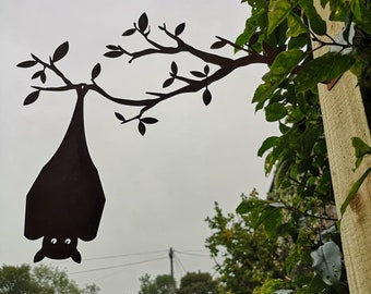 Rusty Metal Hanging Bat on Branch / Halloween Bat Decoration / Rusty Halloween Decor / Bat Gift / Goth Gift / Bat Garden Decor