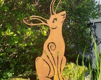 Rusty Metal Moon Gazing Hare  - Pagan - Garden Ornaments - Art - Celtic Gift - Rodent - Rabbit - Star Gazing