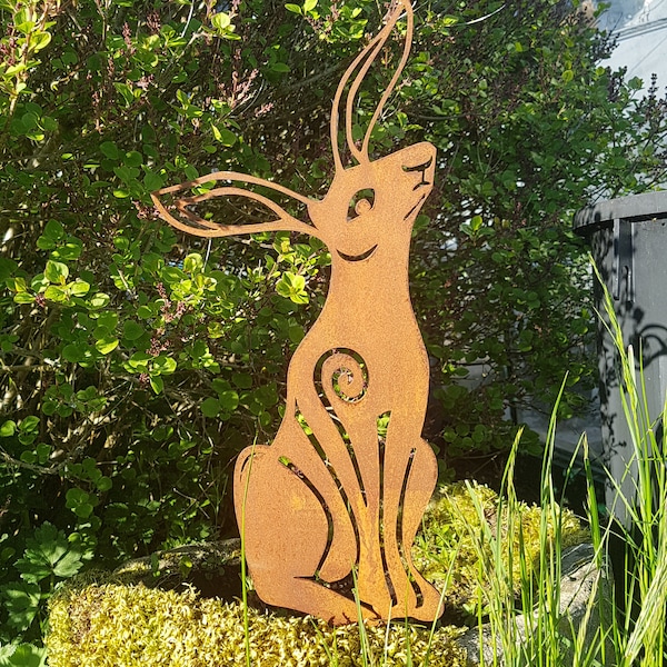 Rusty Metal Moon Starende Haas - Pagan - Tuinornamenten - Kunst - Keltisch cadeau - Knaagdier - Konijn - Sterrenkijken