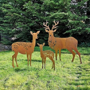 Large Rusty Metal Family of Deer Doe and Fawn with Stag / Red Deer / Deer Garden Decor / Metal Reindeer / Garden Sculpture /