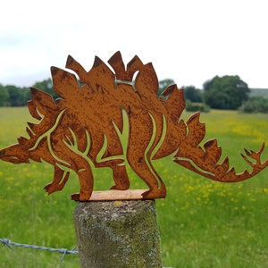Rusty Metal Stegosaurus Dinosaur Fence Post Topper - Garden Ornaments - Art - Stegosaur - Dino - Jurassic Park