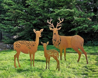 Grande famiglia di cervo, cerbiatto e cerbiatto in metallo arrugginito con cervo / cervo rosso / decorazione da giardino dei cervi / renna in metallo / scultura da giardino /