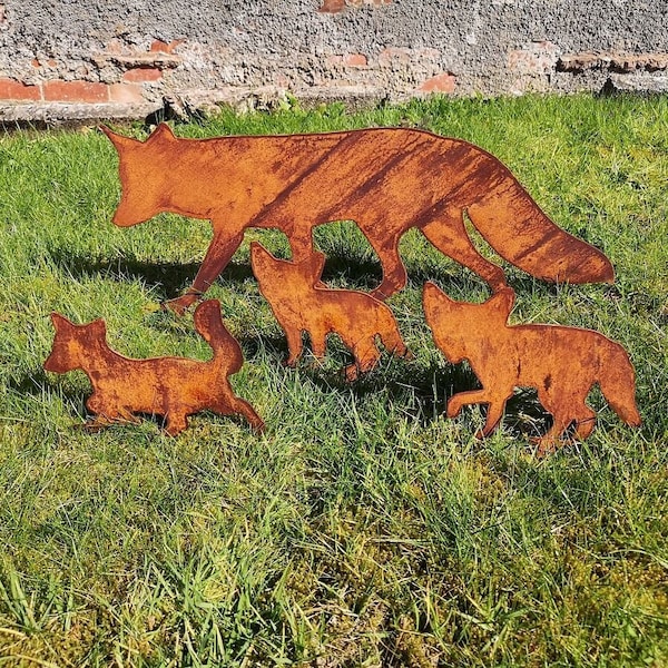 Rusty Metal Family of Foxes - Garden Ornaments - Art - Fox Gift - Steel Fox - Rusty Fox