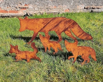 Famille de renards en métal rouillé - Ornements de jardin - Art - Cadeau de renard - Renard en acier - Renard rouillé