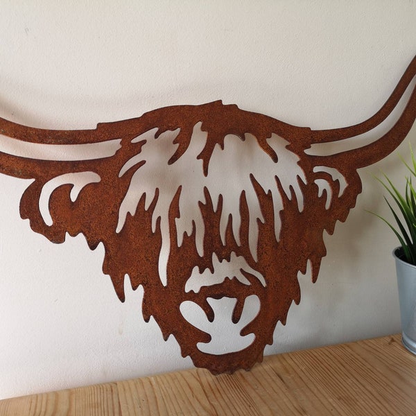 RUSTY METAL HIGHLAND COW / BULL WALL PLAQUE HANGING RUSTIC GARDEN ORNAMENT