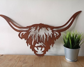 GRANDE decorazione murale in metallo arrugginito raffigurante una mucca delle Highlands - Mucca scozzese - Bovini - Mucca pelosa - Regalo per gli amanti delle mucche - Mucca Angus - Regalo da fattoria