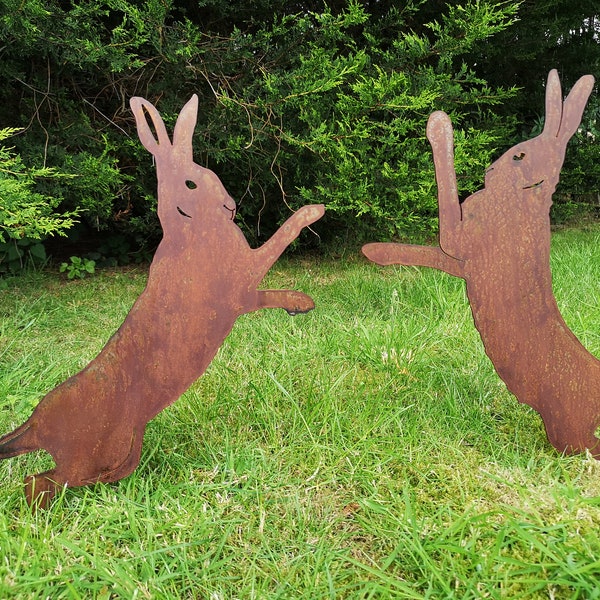 Pair of Rusty Metal Boxing Hares  - Pagan - Garden Ornaments - Art - Celtic Gift - Rodent - Rabbit - Dancing