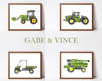 Green Tractor Prints, John Deere Farm Vehicle Tractor Prints, Set of 4 Green Tractor Prints, Kids Room, Physical Prints, Boys Room