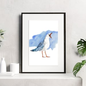 Seagull Watercolor Art Print: Coastal Beach House Decor