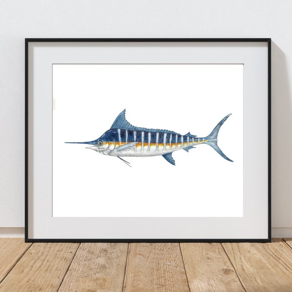 Blue Marlin Print, Blue Marlin Watercolor, Printable Coastal Wall Art, Saltwater Fish Wall Art, Home Decor, Billfish, Digital Download