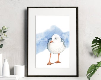 Impressão em aquarela de gaivota, arte de parede costeira, arte de parede para casa de praia, decoração para casa, impressão artística de gaivota, aquarela, impressão física