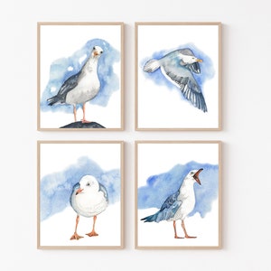 Seagull Watercolor Art Prints: Coastal Beach House Wall Decor Set