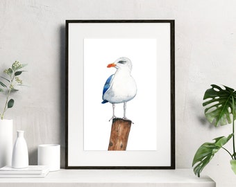 Impressão em aquarela de gaivota, arte de parede costeira, arte de parede para casa de praia, decoração para casa, impressão artística de gaivota, aquarela, impressão física