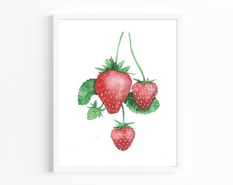 Strawberries Watercolor Print, Strawberries Printable, Kitchen Wall Art, Kitchen Decor, Strawberry Fruit Wall Art, Digital Download