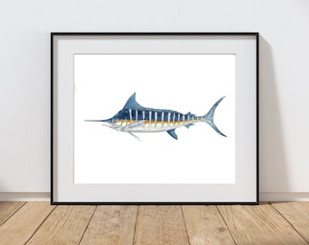 Stampa di marlin blu / Arte murale costiera con acquerello / Decorazione di pesci oceanici / Decorazione per case sulla spiaggia / Download digitale
