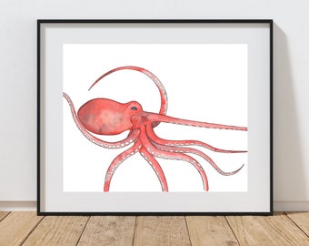Red Octopus Watercolor Print, Red Octopus Print, Octopus Wall Art, Sea Life Art, Octopus Painting, Coastal Wall Art, Coastal Decor,