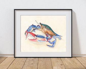 Blue Crab Watercolor Print: Coastal Beach House Art (Digital Download)