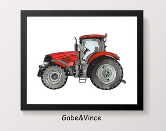 Red Tractor Watercolor Print: Farm Vehicle Kids Room Art (Digital Download)