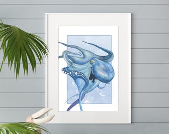 Blue Octopus Watercolor Print: Coastal Nautical Wall Art (Digital Download)