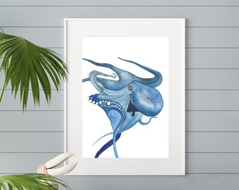 Blue Octopus Watercolor Print: Coastal Nautical Wall Art (Digital Download)