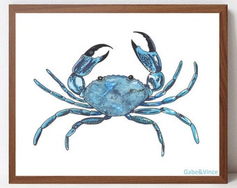 Blue Crab Watercolor Art Print: Coastal Beach House Decor