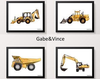 Construction Vehicle Watercolor Prints: Boys Room Wall Art (Set of 4) (Digital Download)