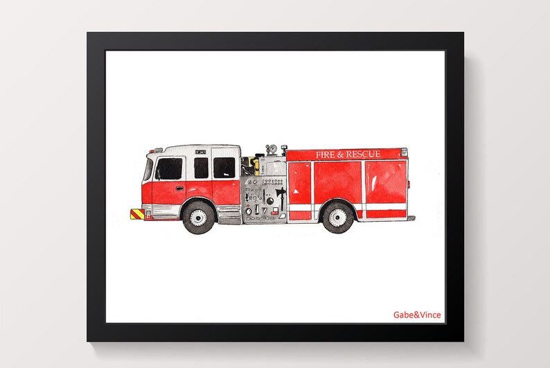 May include: Watercolour illustration of a red and white fire engine with the words "FIRE & RESCUE" on the side. The artwork is framed in a black square frame and signed "Gabe&Vince".