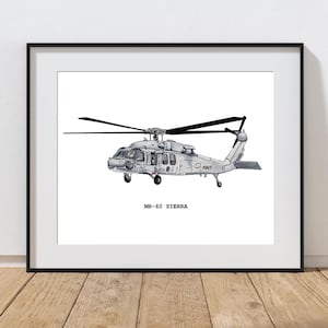 Impresión en acuarela de helicóptero de la Marina: MH-60 Sierra, decoración para habitación infantil (descarga instantánea)
