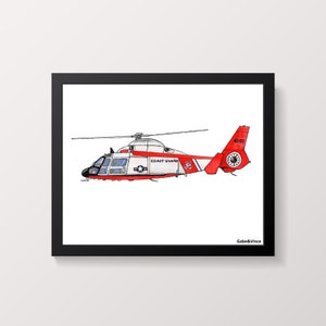 May include: Framed illustration of a Coast Guard helicopter, with red and white detailing. The helicopter displays the text "COAST GUARD" and the number "4101" on the tail. The artwork is signed "Gabe&Vince".