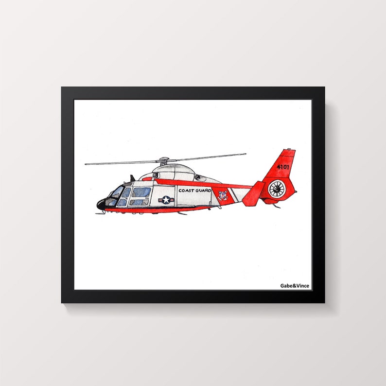 May include: Framed illustration of a Coast Guard helicopter, with red and white detailing. The helicopter displays the text "COAST GUARD" and the number "4101" on the tail. The artwork is signed "Gabe&Vince".