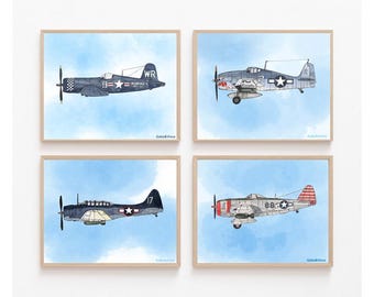 Set of 4 Airplane Prints, Vintage Watercolor Print, Boys Airplane Wall Decor, Kids Room Wall Art, Airplane Print, INSTANT DOWNLOAD