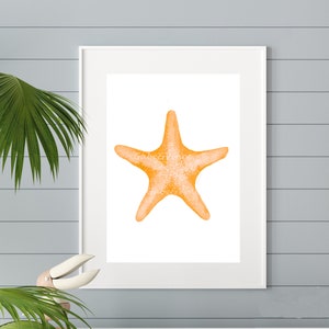 Orangefarbener Seestern, Seestern Druck, blau, nautisches Thema, Küstenwandkunst, Strandhaus Wandkunst, Wohndekor, digitaler Download