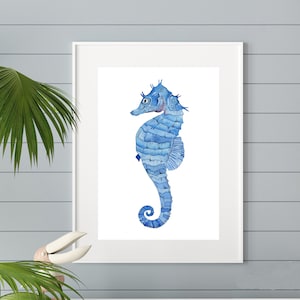 Seepferdchen Aquarell Druck, Blaues Seepferdchen Poster, Küsten Wandkunst und Wohndekor, Strand Wandkunst, Seepferdchen, Nautisches Thema, digitaler Download