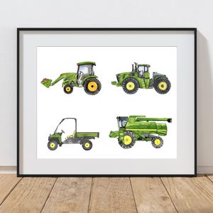 Watercolor Green Tractors Print: Farm Vehicle Art, Kids Room Decor (Digital Download)
