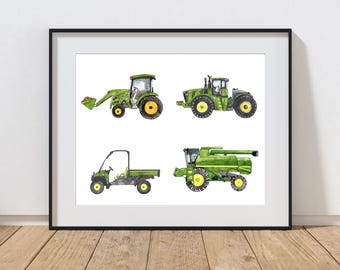 Watercolor Green Tractors Print: Farm Vehicle Art, Kids Room Decor (Digital Download)