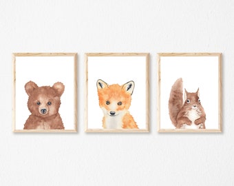 May include: Three framed watercolour paintings of woodland animals. The first painting features a brown bear cub, the second a red fox cub, and the third a brown squirrel.