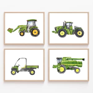 Green Tractor Watercolor Prints: Farm Vehicle Set of 4 (Digital Download)