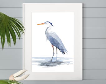 Stampa di airone azzurro / Arte murale costiera ad acquerello / Decorazione per case sulla spiaggia / Download digitale
